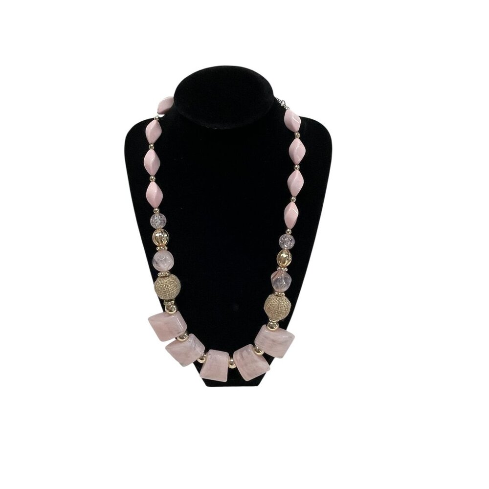 Chunky Pink Rose Quartz Style Bead‎ Necklace Gold Tone Statement Fashion Jewelry